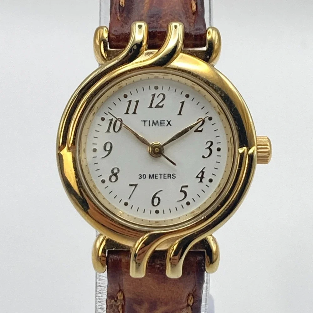 Vintage Timex Women's Watch 25mm Gold Tone Leather New Battery SMALL 7.5